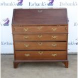 George II style mahogany bureau with fall flap enclosing pigeon holes, drawers and well,