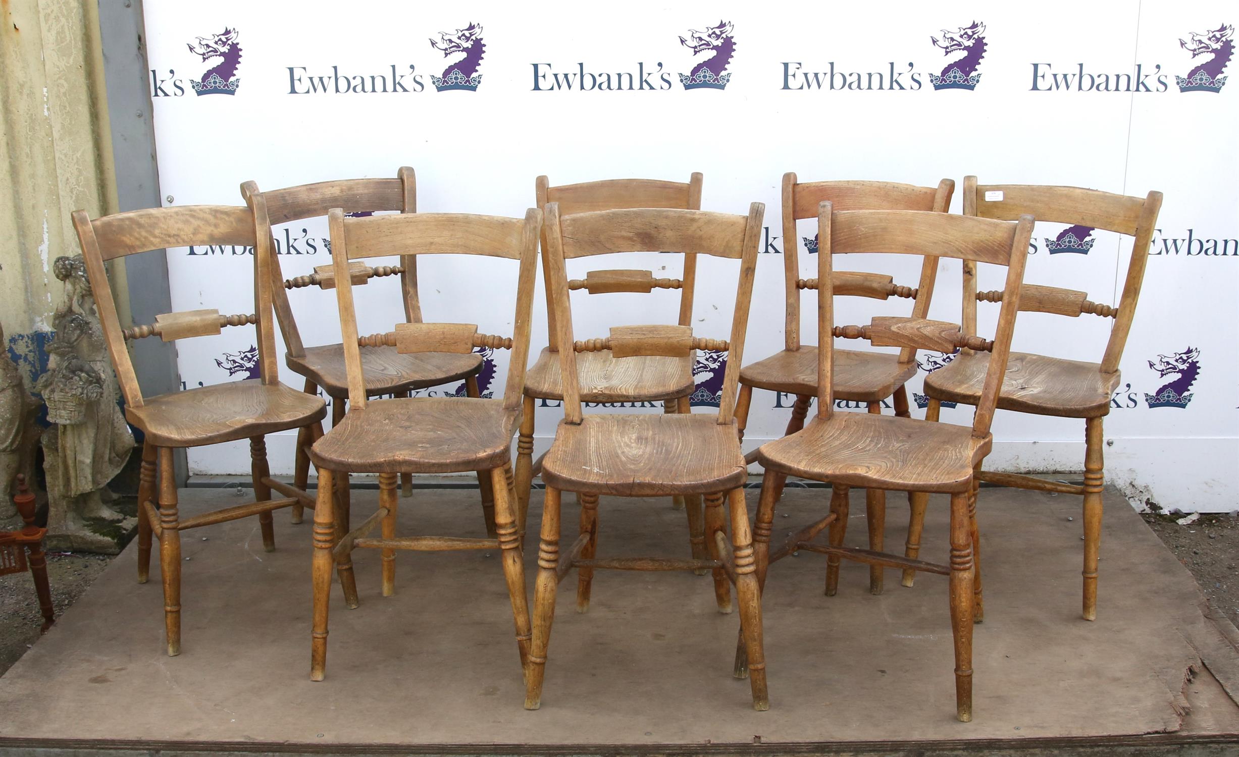 Matched set of eight ash and elm Thames Valley kitchen chairs, with rail and tablet backs,