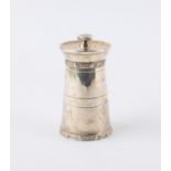 Silver pepper grinder, of tower form with Celtic bands, Mappin & Webb, Birmingham 1970, 9 cm high