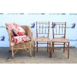 Pair of Victorian simulated bamboo bedroom chairs, a wicker armchair and two cane armchairs (5)