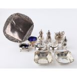 Art Noveau three piece silver condiment set by Vale Brothers & Sermon, Birmingham 1915,