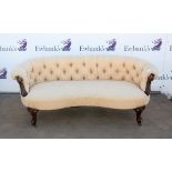 Victorian walnut salon settee, in cream button back upholstery, with scroll arms and moulded