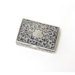 Russian silver and niello snuff box, with scroll decoration and inscribed Caucasia in Russian on