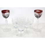 Two sets of crystal glasses including a coloured set and a boxed Swarovski crystal type writer