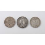 Three Victorian coins, crown 1887 and two double florins 1889 and 1890
