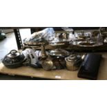 Silver handled fish servers, cased, silver plated three piece tea set and other plated wares