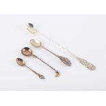 Elongated silver spoon with twist design stem and 3 ornate varied designs 830 s grade spoons