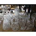 Three cut glass decanters with stoppers, together with other items including, bowls and water jugs