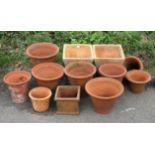 Pair of square terracotta plant pots, 33cm high 38 cm square, and 11 other terracotta planters (13)