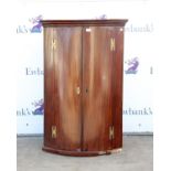 19th century mahogany bow-fronted wall hanging corner cupboard, h112 x w74 x d52cm,