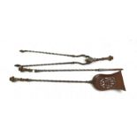 Set of three rope twist fire irons with copper handles, length of tongs 76 cm long (3)