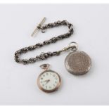 A Swiss 935 grade silver pocket watch on a white metal chain and an 800 grade silver fob watch