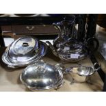 Pair of silver plated Apostle spoons, 21 cm, silver plated teapot and hot water pot,