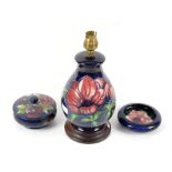 Moorcroft "Clematis" Table Lamp H22cm on wooden base, "Pansy" covered pot 11cm dia.