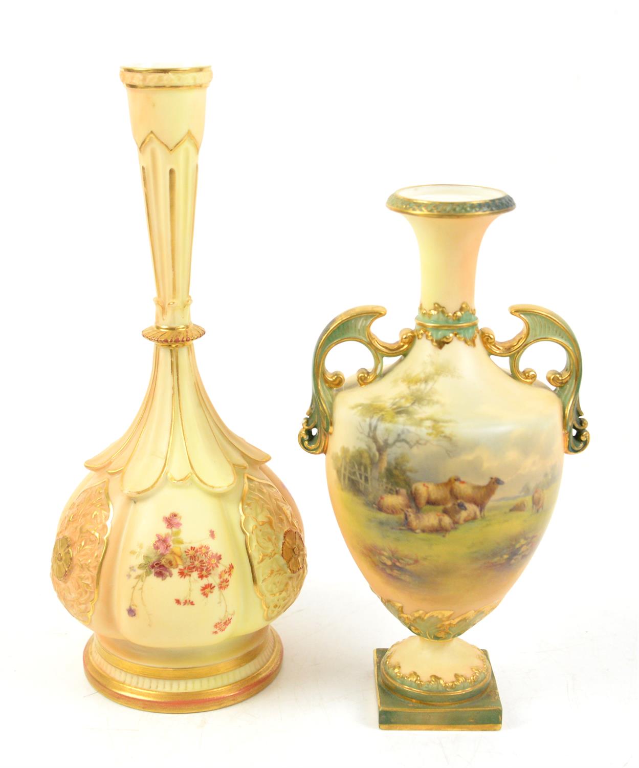 Royal Worcester blush ivory porcelain bottle vases, shape number 859 and a Royal China Works