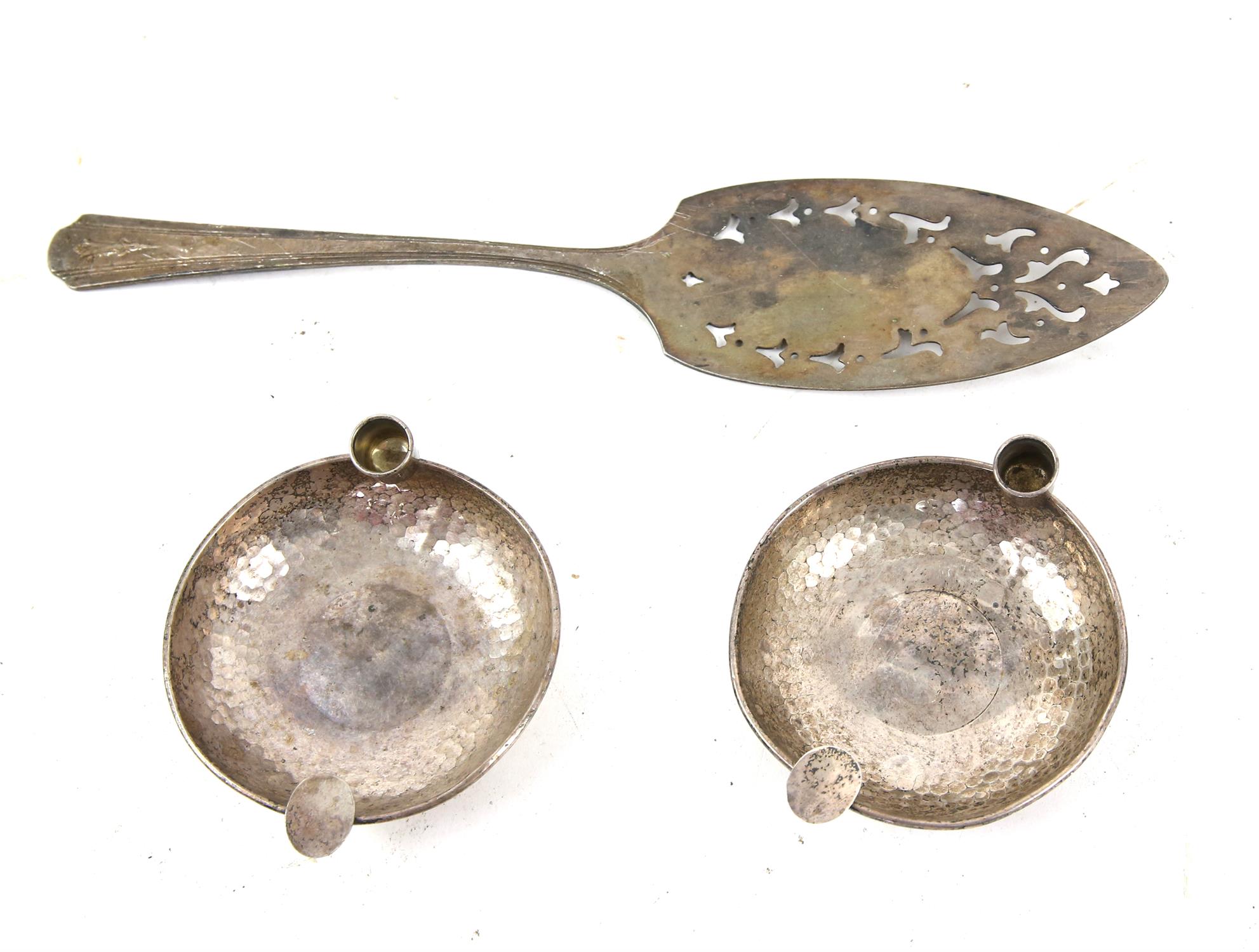 Pair of American hammered silver tapersticks, of circular form, stamped Sterling GHF, 9.