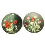 Pair of hand painted chargers, depicting tulips, daisies and poppies, 38 cm diameter,