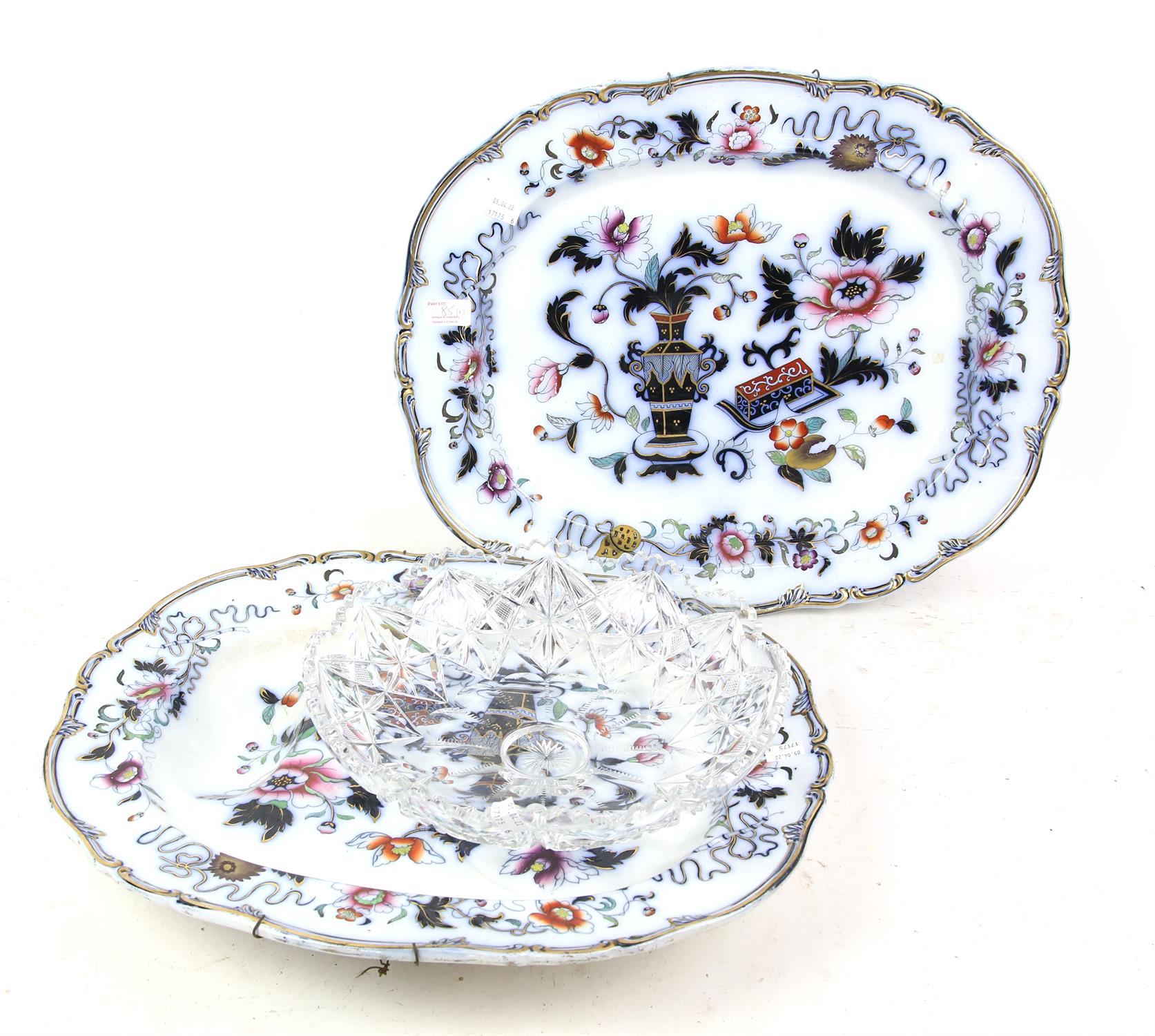 Crystal glass pedestal bowl, 30 cm high 32 cm diameter, and two Ridgeway meat plates (3)