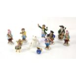 Sitzendorf seven piece monkey band, tallest 11.5 cm, three miniature table wares and a model of a