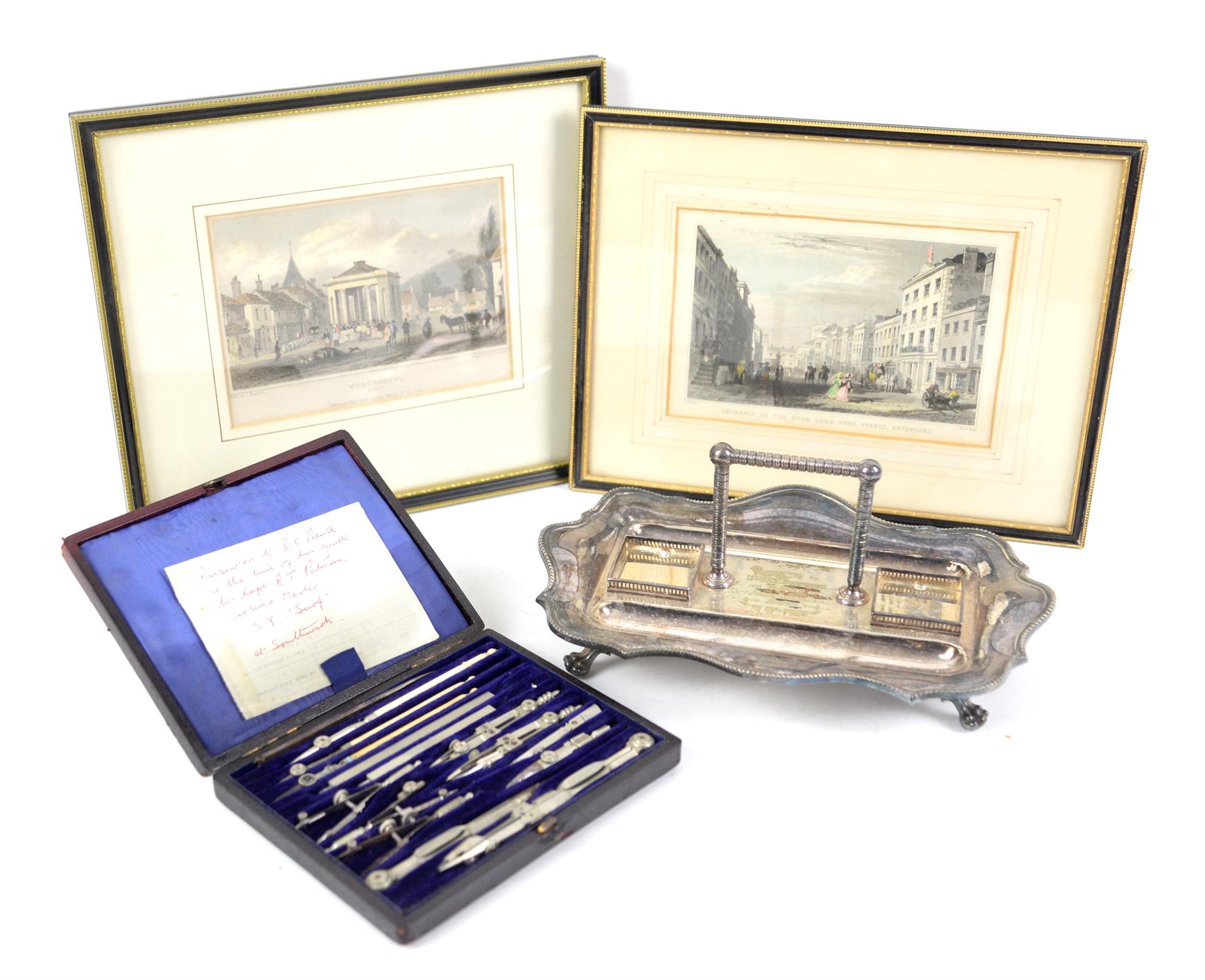 Late Victorian silver plated presentation inkstand, cased draughtsmans set and three frames prints