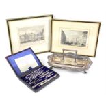 Late Victorian silver plated presentation inkstand, cased draughtsmans set and three frames prints