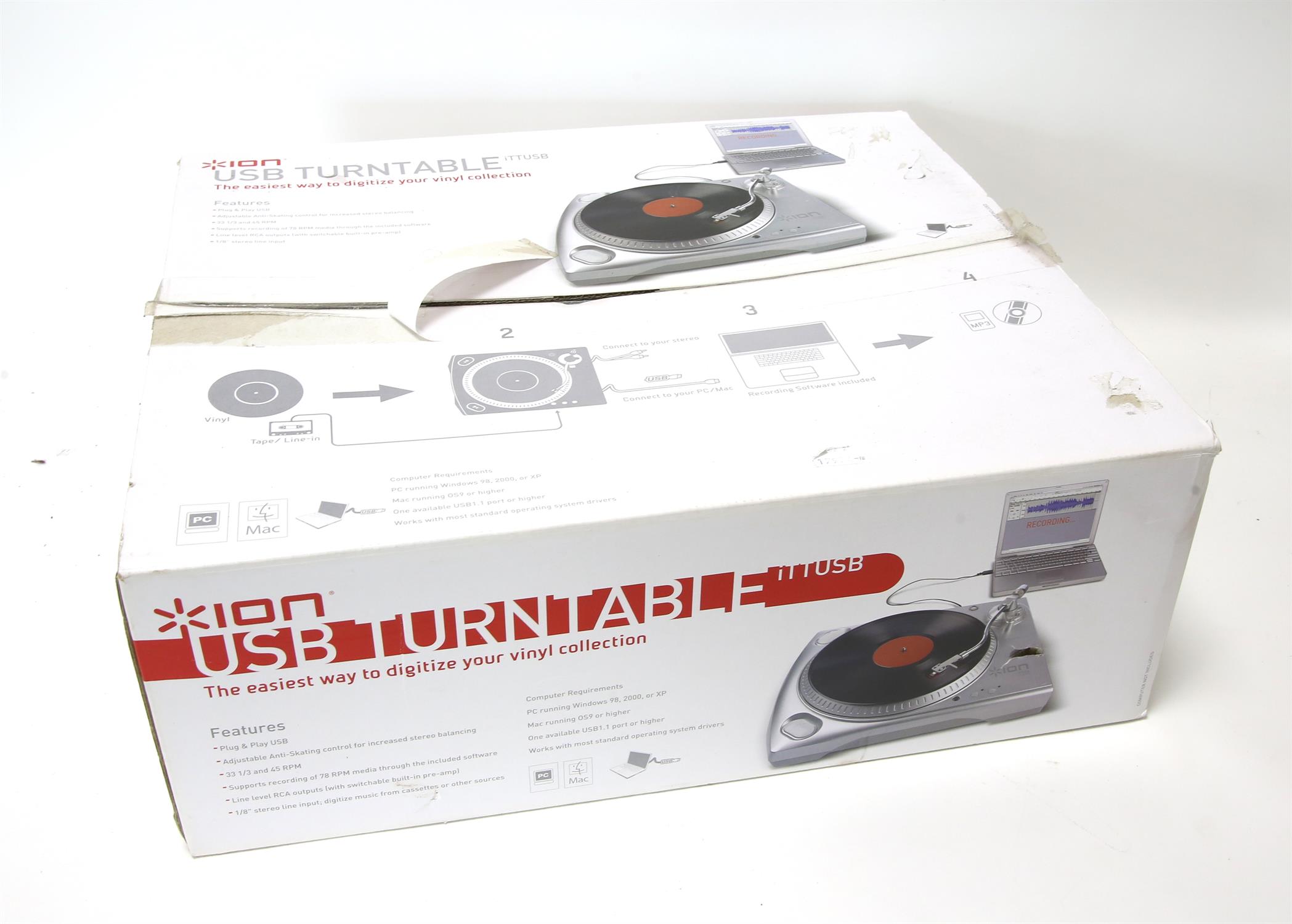 Ion USB turntable, a Panasonic stereo automatic turntable, a pair of Sony speakers,