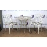Victorian style aluminium garden table set, the table with foliate pierced circular top,