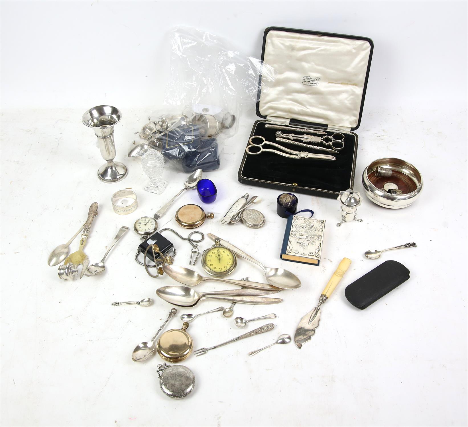 Various small silver an plated items to include cruet set, thimbles, proof coins, pocket watches,