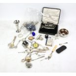 Various small silver an plated items to include cruet set, thimbles, proof coins, pocket watches,