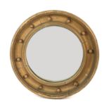 Giltwood convex wall mirror with applied ball frame, 44 cm diameter, various clock parts and case