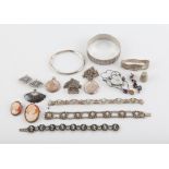 Collection of silver jewellery, including two shell cameos with silver borders, a multi gem set