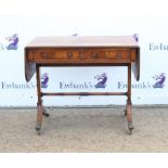 19th century style crossbanded mahogany sofa table, with two frieze drawers, on reeded outsplayed