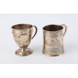 Victorian silver barrel form Christening mug, 8 cm high, London 1876, and another silver pedestal