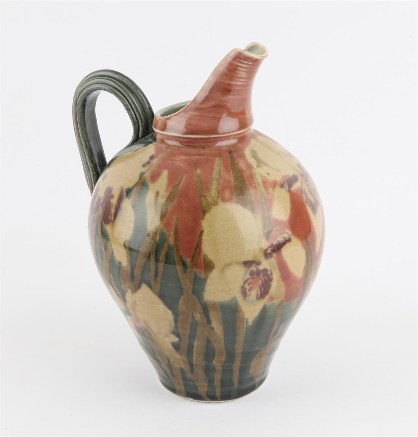 Desmond Clover studio pottery jug, with Iris decoration, 27cm high,