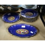 Ten Copeland Spode side plates, two oval dishes, and two round dishes, all with floral and fruit