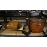 Brass and black metal table lamp, a tin travel case, large timber bowl and a sewing box