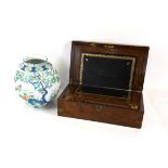 Brass bound rosewood writing box, with leather lined fitted interior, H14 W40 D23.