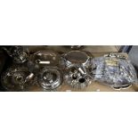 Silver plated items to include cutlery, tureens, swing handled basket and trays