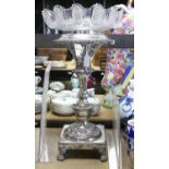 Victorian silver plated Epergne, with cut glass bowl on anthemion supports and foliate stem on a
