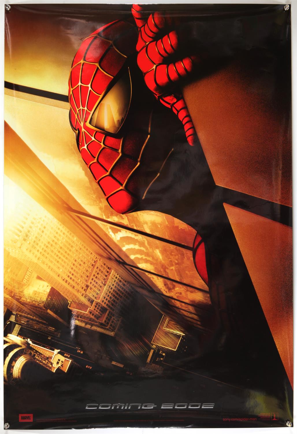 Spiderman (2002) US One Sheet film poster, showing Spiderman with twin towers in eyes,