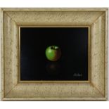 Attributed to Juan Soler (b. 1951), still life with apple. Oil on board. Signed 'Soler' lower right.