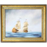 J. Adamson, 'Encounter in Mount's Bay'. Oil on canvas. Signed lower left. Framed.