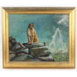 J. Gilroy (20th century). ‘Raindance’. Wild cat on a Rock. Oil on canvas, 1989. Signed lower left,