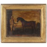 Nineteenth-century print on board depicting a Racehorse and groom. Gilt frame. Image size 39 x