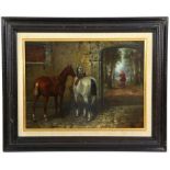 Twentieth-century British School, horses in a courtyard with fox hunt to background. Oil on panel.