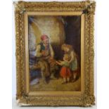 Nineteenth-century European School, interior scene with cobbler and children. Oil on canvas. Framed.