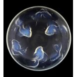 Sabino vaseline glass dish with moulded fish decoration, marked 'Sabino France', 29.5cm diameter,