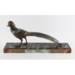 Art Deco style cast metal pheasant on a marble stand, 30 cm high, 64 cm wide