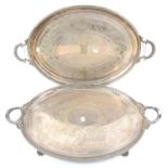 Large oval silver plated two handled serving tray with beaded border by Walker and Hall,