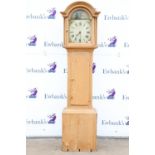 Victorian pine 30 hour longcase clock, the arched hood over a painted dial depicting a ruin and a